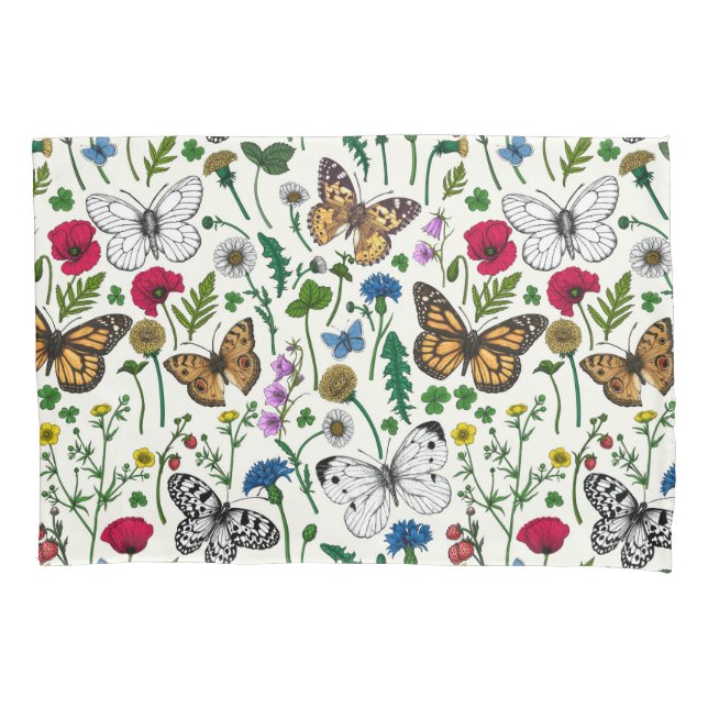 Funda De Cojín Flores y mariposas silvestres en blanco (Anverso-izquierdo)