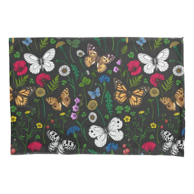 Funda De Cojín Flores y mariposas silvestres en negro (Anverso-izquierdo)