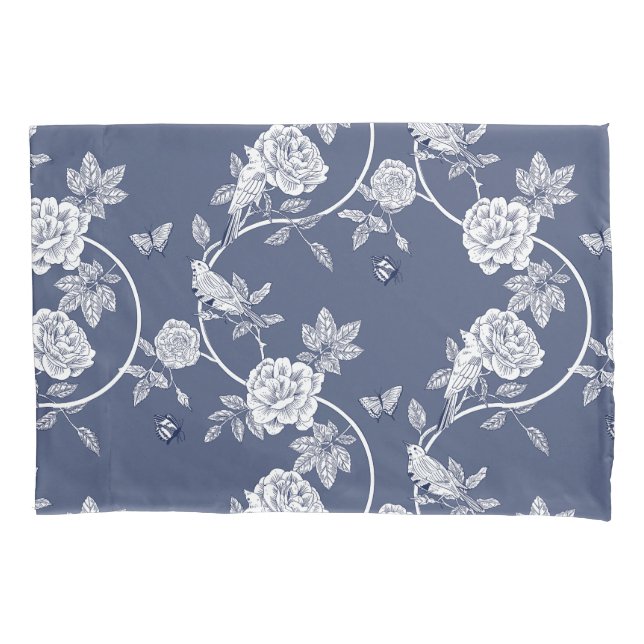 Funda De Cojín Flores y pájaros de Chinoiserie azul (Anverso)