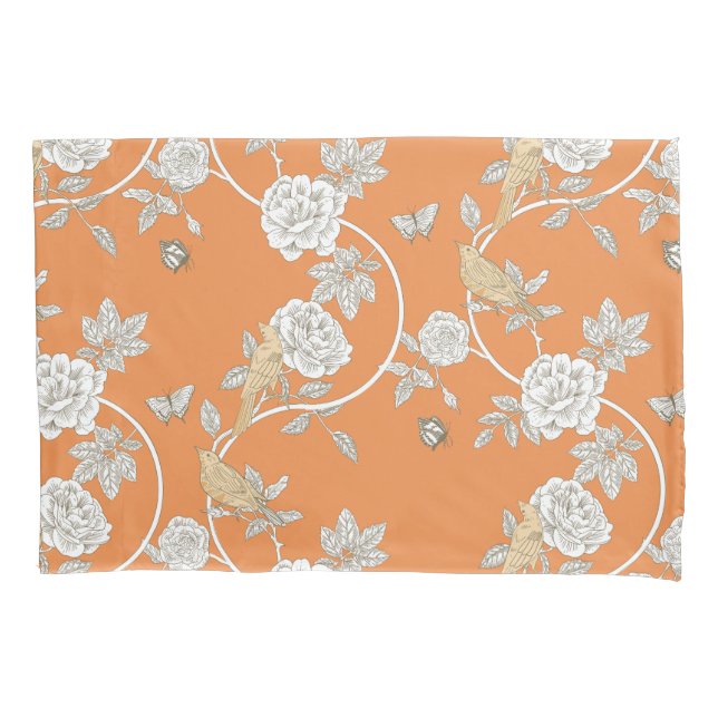 Funda De Cojín Flores y pájaros del naranja Chinoiserie (Anverso)