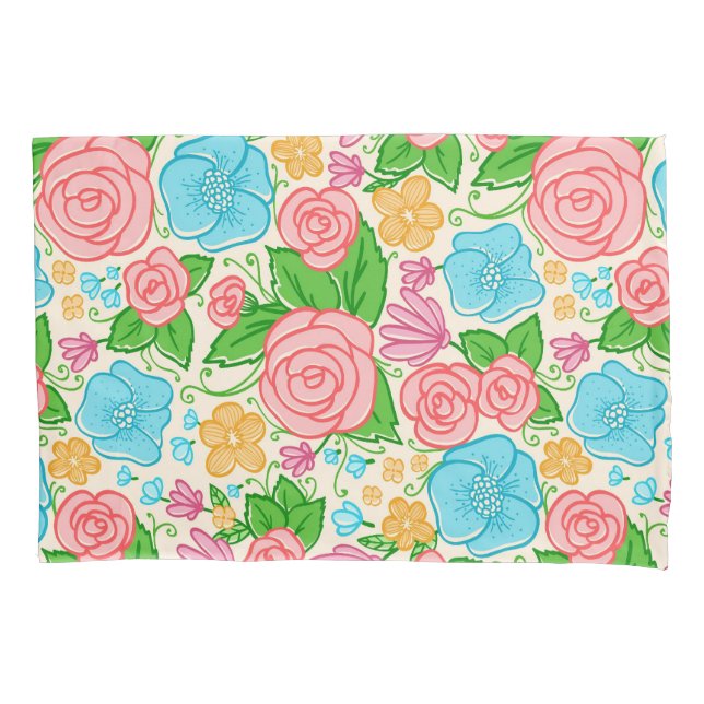 Funda De Cojín Flores y Rosas Pastel - Azul y Beige rosado (Anverso)
