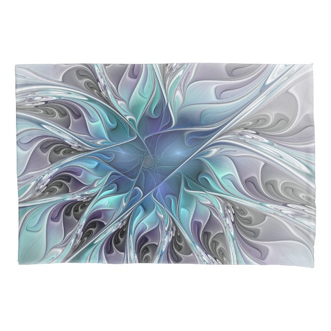 Funda De Cojín Flourish Abstract Modern Fractal Flower With Blue (Anverso)