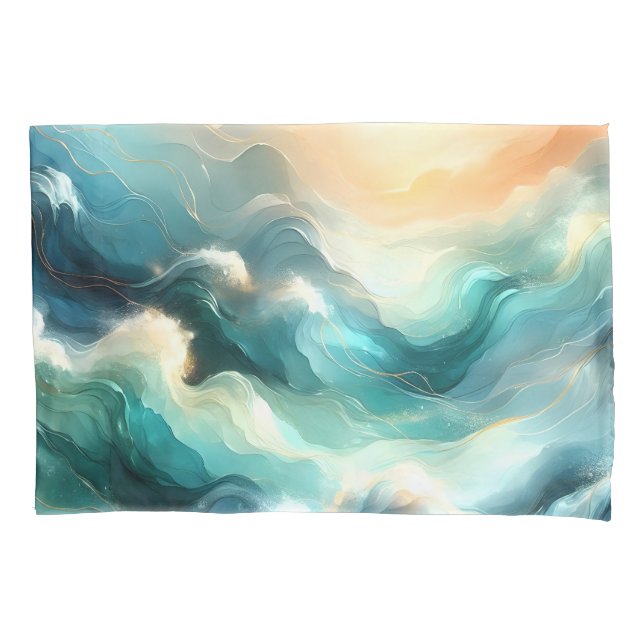 Funda De Cojín Flujo de Océano Dorado Ondas Abstractas (Anverso)