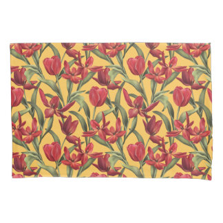 Funda De Cojín Fondo amarillo de Daffodil con tulipanes rojos