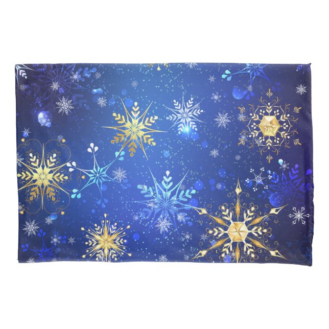 Funda De Cojín Fondo azul XMAS con copos de nieve dorados (Anverso-izquierdo)