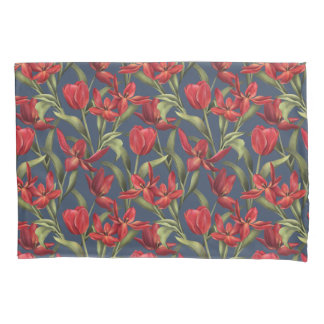 Funda De Cojín Fondo oscuro denim con tulipanes rojos