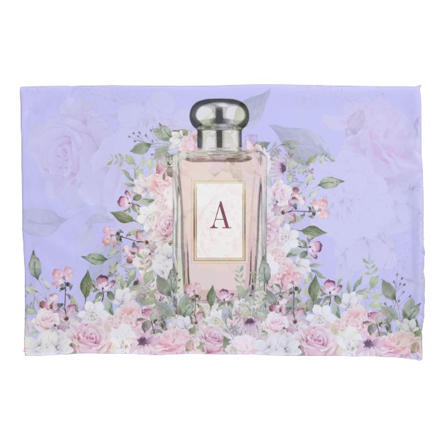 Funda De Cojín Frasco de Perfume Púrpura Floral Monograma (Anverso)