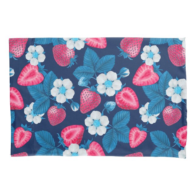 Funda De Cojín Fresas rosas en azul (Anverso)
