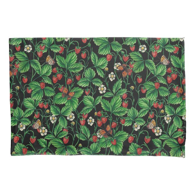 Funda De Cojín Fresas silvestres en negro (Anverso-izquierdo)