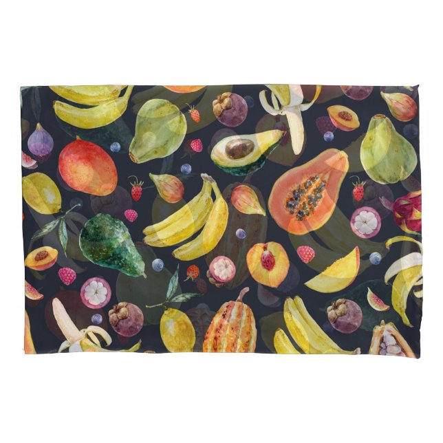 Funda De Cojín Frutos Tropicales: Patrón multifruta acuarela. (Anverso)