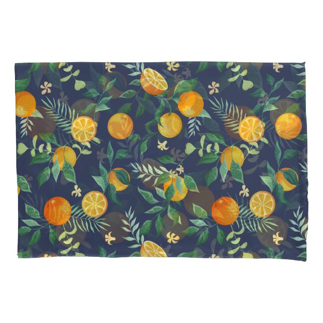 Funda De Cojín Fusión cítrica: Naranjas con flores tropicales (Anverso)