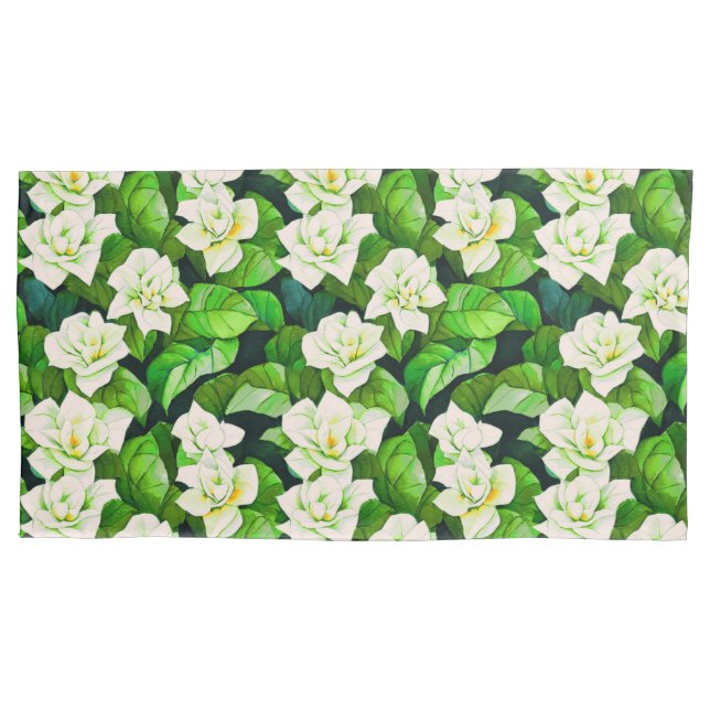 Funda De Cojín Gardenias blancas y hojas verdes de jade (Anverso)