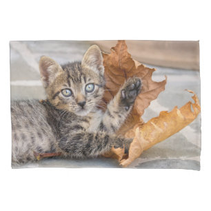 Funda De Cojín Gatito de Tabby lindo jugando con una hoja -