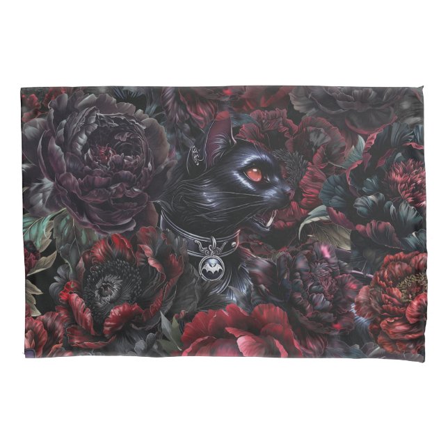 Funda De Cojín Gato negro gótico y flores oscuras  (Anverso)