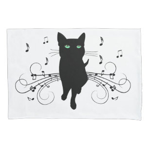 Funda De Cojín Gato negro rodeado de notas susurrantes de música