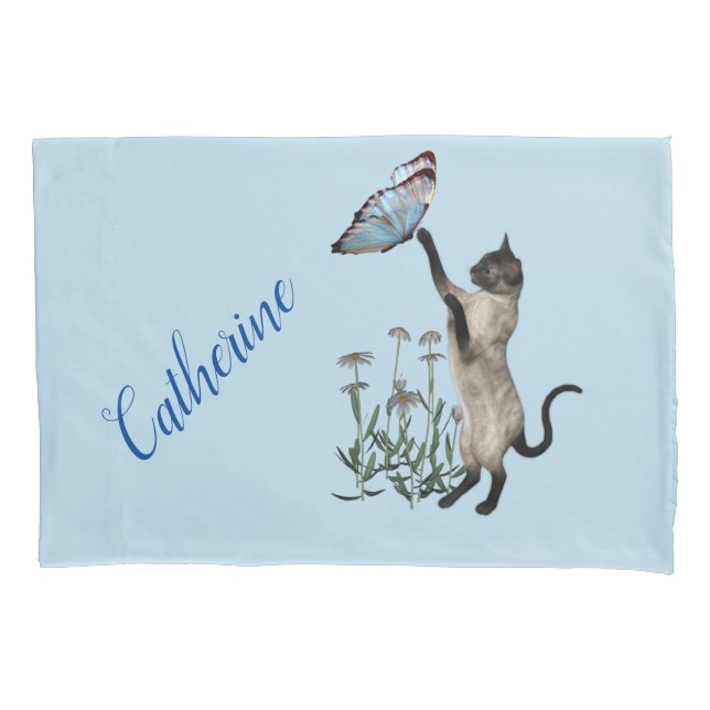 Funda De Cojín Gato Siamés Con Mariposa Azul Personalizado (Anverso)