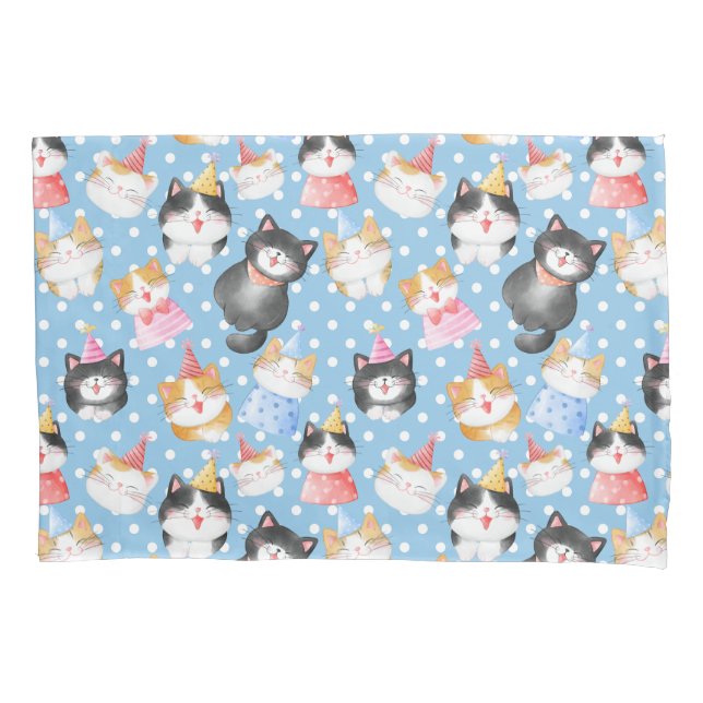 Funda De Cojín Gatos de celebración con puntos de Polka Azul (Anverso)