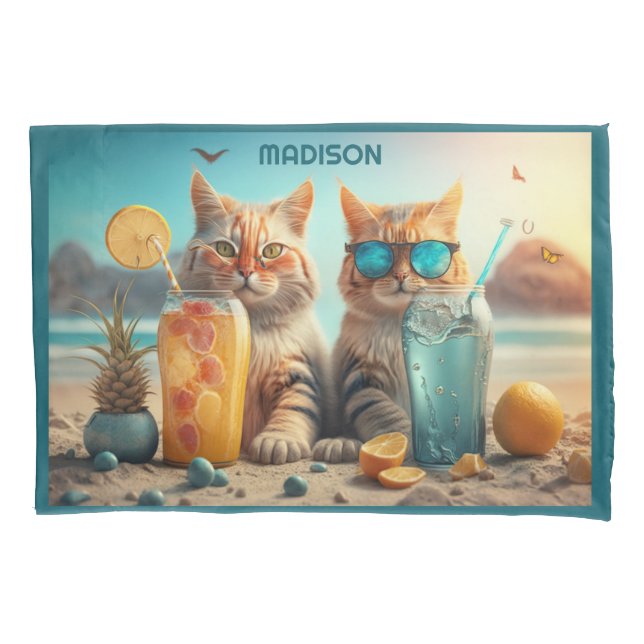 Funda De Cojín Gatos de vacaciones con nombre personalizado (Anverso)