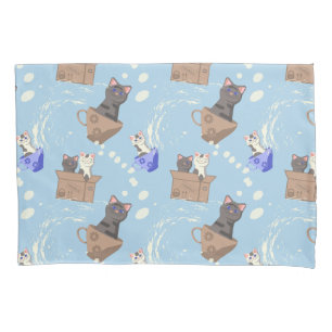 Funda De Cojín Gatos en caja y gotas de leche en azul