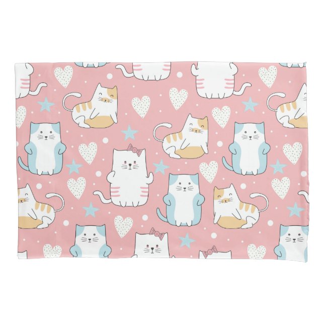 Funda De Cojín gatos regordetes en azul pastel, blanco y rosa (Anverso)