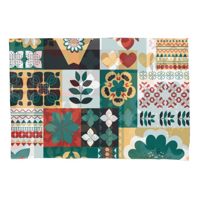 Funda De Cojín Geométrica Mexicana: Ornamento Verde Rojo. (Anverso)