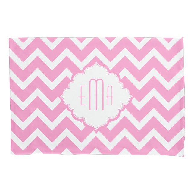 Funda De Cojín Geométrico Monogramado Rosa y Blanco Zigzag Chevro (Anverso)