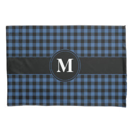 Funda De Cojín Gingham Azul Monograma Clásico Y Negro