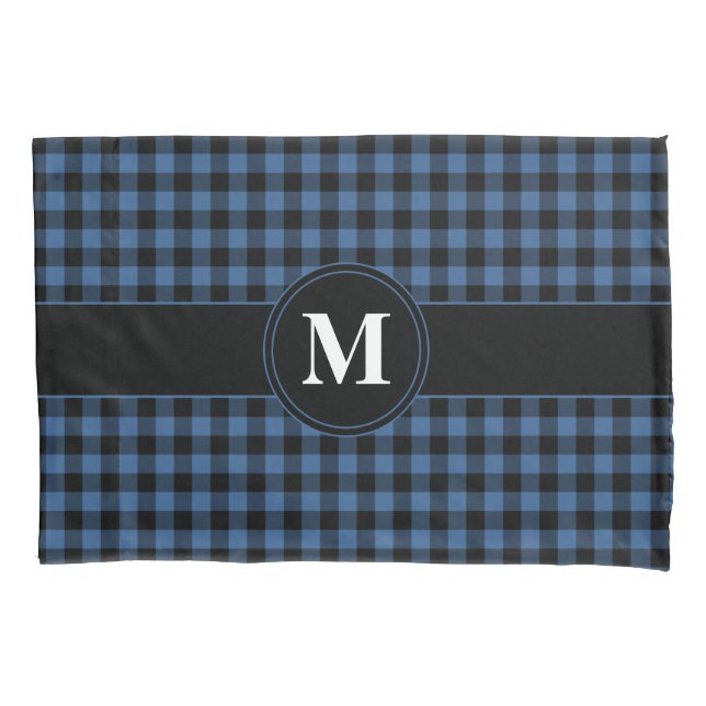 Funda De Cojín Gingham Azul Monograma Clásico Y Negro (Anverso)