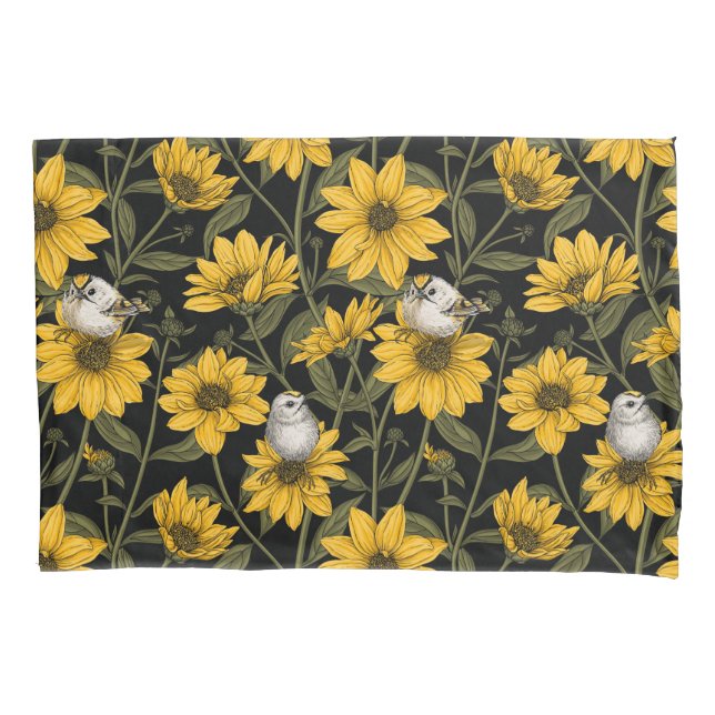 Funda De Cojín girasoles silvestres y pájaros dorados/ amarillos  (Anverso-izquierdo)