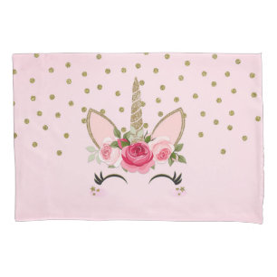 Funda De Cojín Glitter Dorado y Unicornio Floral Rosa de Moda