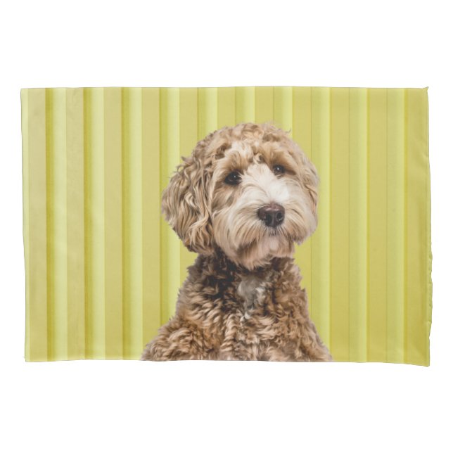 Funda De Cojín Goldendoodle en podio amarillo brillante (Anverso)