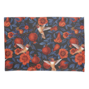 Funda De Cojín Granadas y colibríes/hojas azules en negro