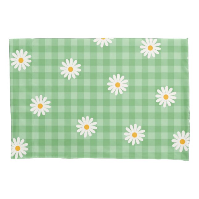 Funda De Cojín Green Daisy Plaid Gingham Check Flower Pattern (Anverso)