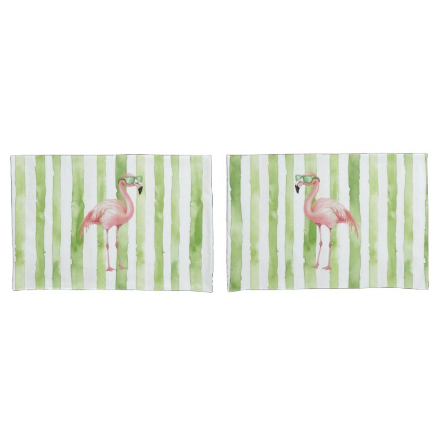 Funda De Cojín Green White Strips Pink Flamingo Beach (Anverso - Set)