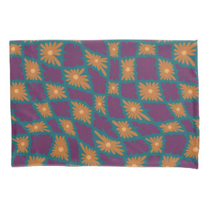 Funda De Cojín Groovy Wavy Trippy Naranja Cheques de flores de 60