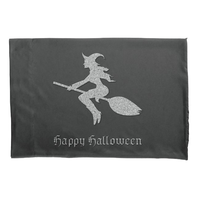 Funda De Cojín Halloween de la Bruja Voladora de Plata (Anverso)