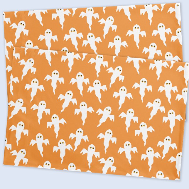 Funda De Cojín Halloween, Naranja fantasma (Fun ghost pattern orange pillowcase)