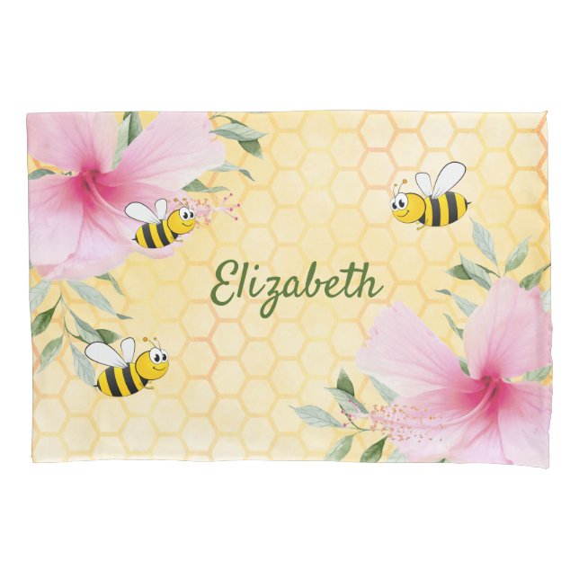Funda De Cojín Happy bumble abejas amarillo honeycomb lindo nombr (Anverso)