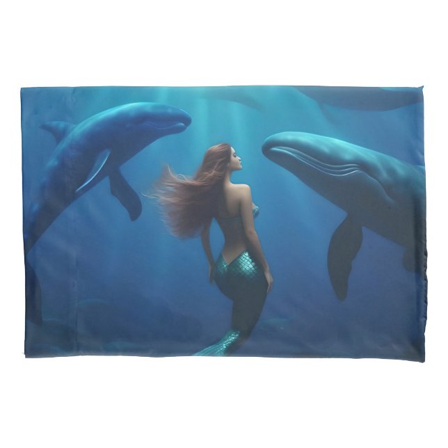 Funda De Cojín Hermosa Sirenita Nadando Con Ballenas jorobadas, (Anverso)