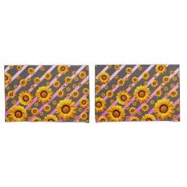 Funda De Cojín Hermosas flores amarillas sobre rayas grises y ros