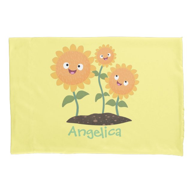 Funda De Cojín Hermosos girasoles alegres sonrientes ilustracion  (Anverso)