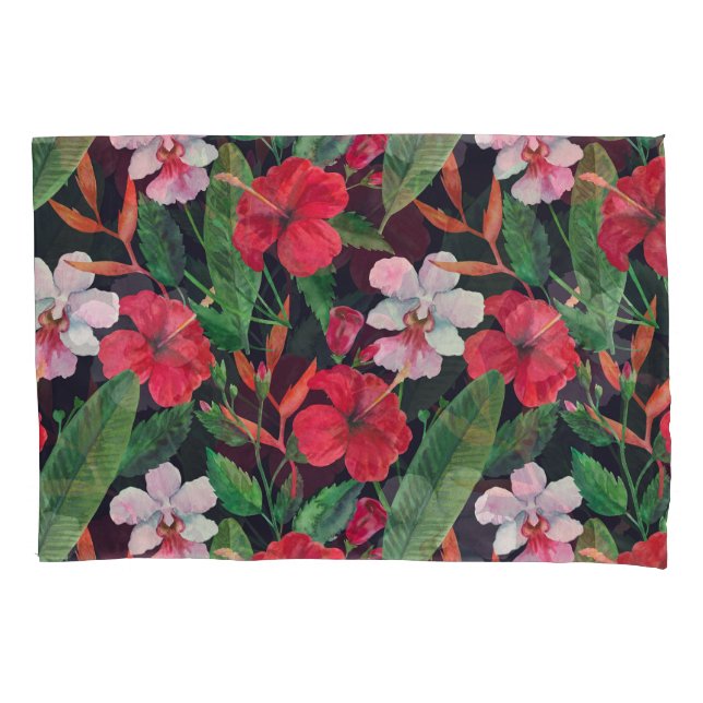 Funda De Cojín hibiscos rojos, orquídeas, acuarela tropical. (Anverso)