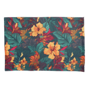 Funda De Cojín Hibiscus colorido, floral verde Naranja amarillo