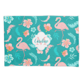Funda De Cojín Hibiscus Pink Flamingo Tropical Verde azulado