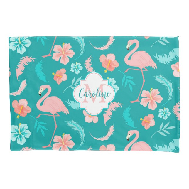 Funda De Cojín Hibiscus Pink Flamingo Tropical Verde azulado (Anverso)