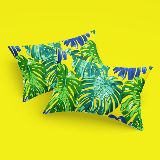 Funda De Cojín Hojas de la selva verde tropical azul amarillo Mon (Subido por el creador)