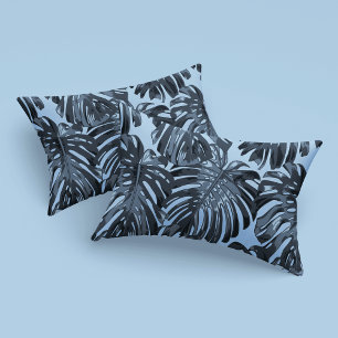 Funda De Cojín Hojas tropicales de la selva azul gris oscuro de M