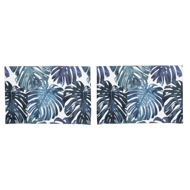 Funda De Cojín Hojas tropicales de la selva blanca azul (Anverso - Set)