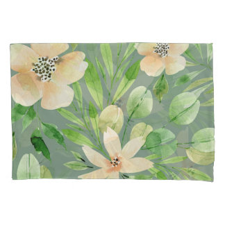 Funda De Cojín Hojas verdes, Flores rosas: acuarela.