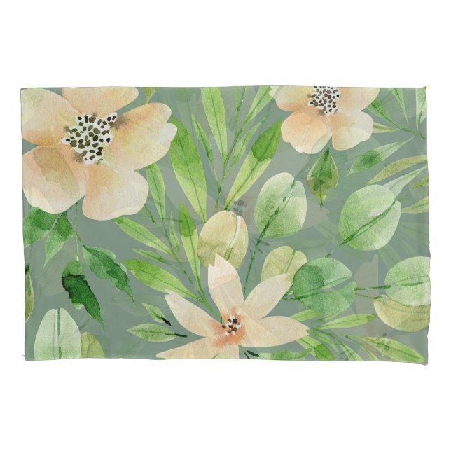 Funda De Cojín Hojas verdes, Flores rosas: acuarela. (Anverso)